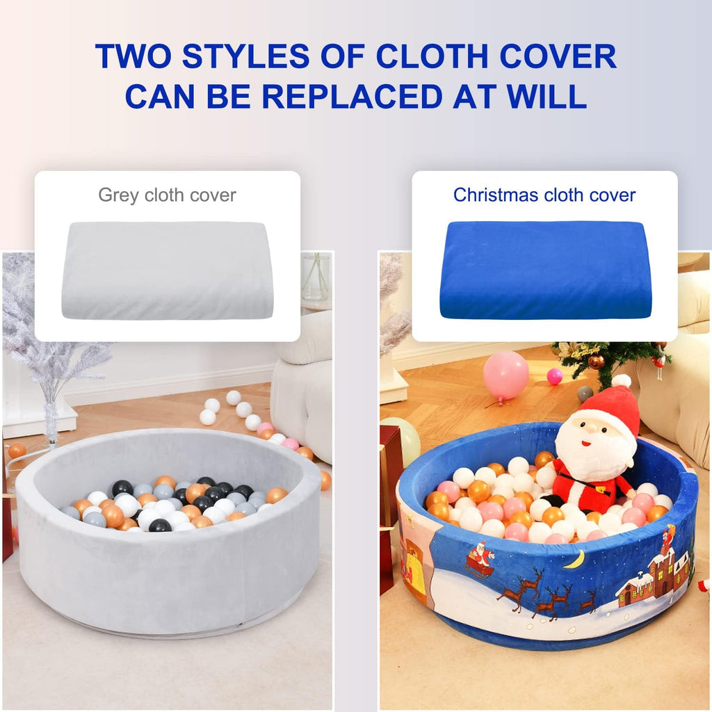 Airwitty Ball Pit with 2Pcs Covers- Fun Santa, Sigh, Coming down Chimney & aving Presents. Soft, Thick Foam, Machine Washab (Balls Not Included) , Anti-Wrink for Babies(Gray + Blue Christmas)