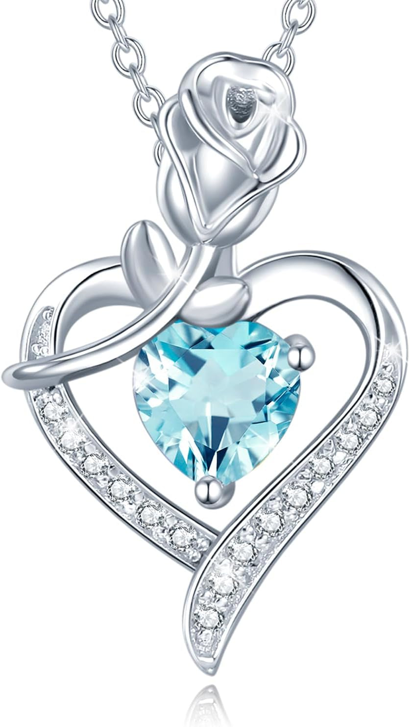 Rosy Reverie Birthstone Necklace for Women Sterling Silver Genuine or Created Gemstone Rose Flower Heart Pendant Necklace Anniversary Birthday Gifts for Women Mom Wife Her