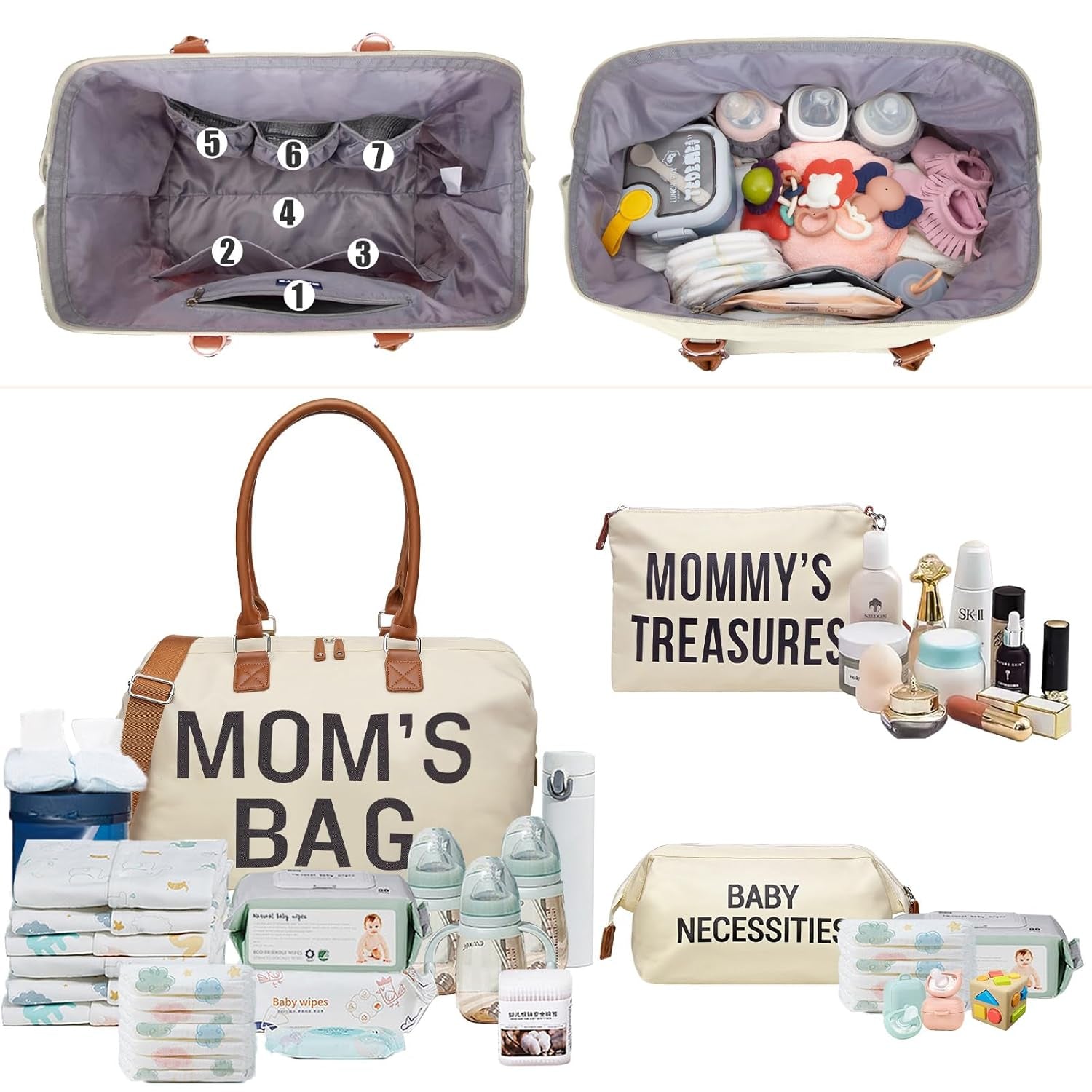 Diaper Bag Tote, Mom'S Bag for Hospital, Large Capacity Waterproof Baby Mom Travel, Hospital Tote for Labor and Delivery with Baby Necessities, Creamy White